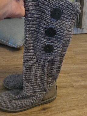 UGG Gray Knit Suede Back Logo Knee-High Slipper Boots